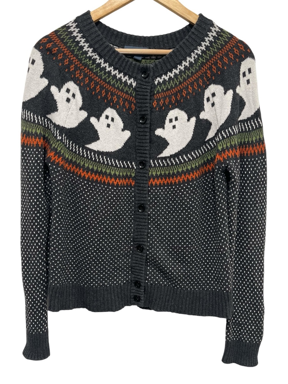 MODCLOTH Fair Isle Ghost Cardigan Sweater Button Up 100% Cotton Size Large